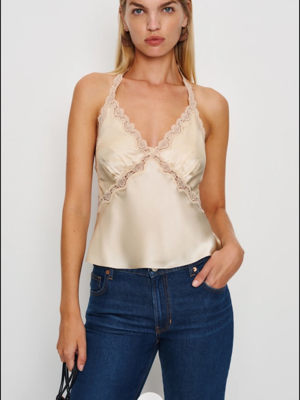 Reformation Lace-Trim Satin halter in cream